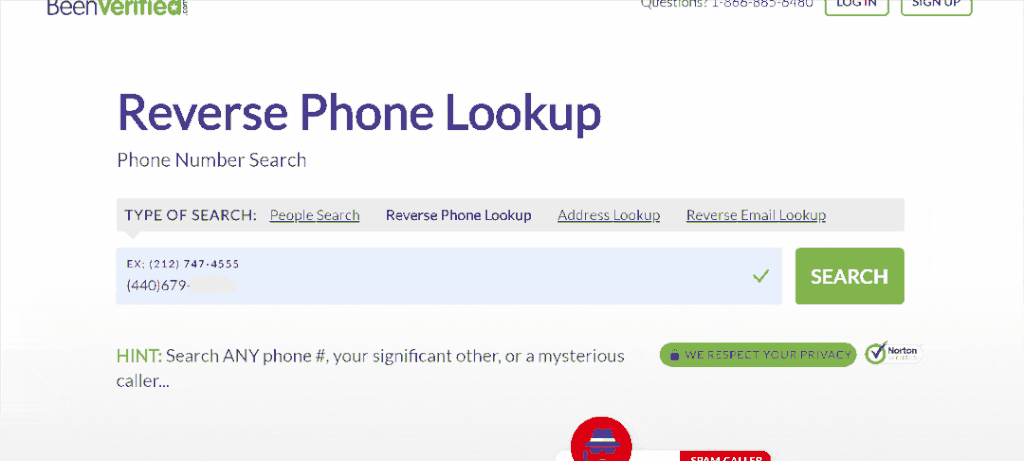 Una vista del sito web BeenVerified in cui è possibile inserire un numero di telefono da cercare