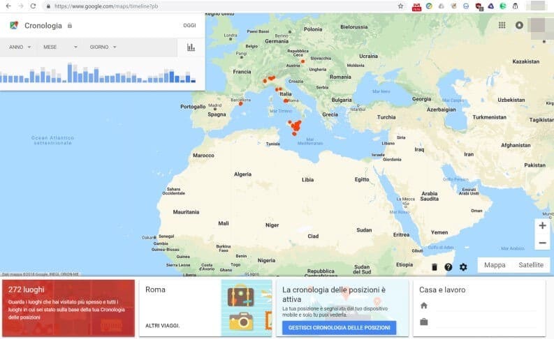 La cronologia delle posizioni rilevate di un account Google Maps con gli spostamenti marcati