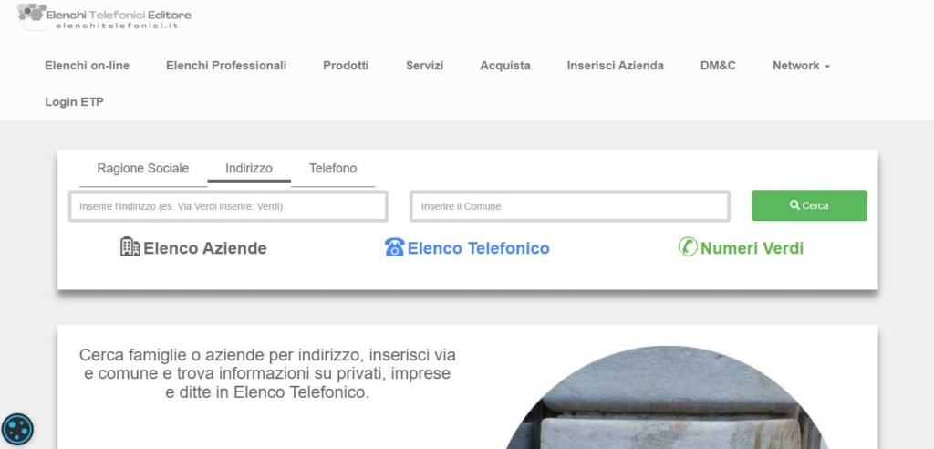 La pagina home per iniziare una ricerca su Elenchi Telefonici