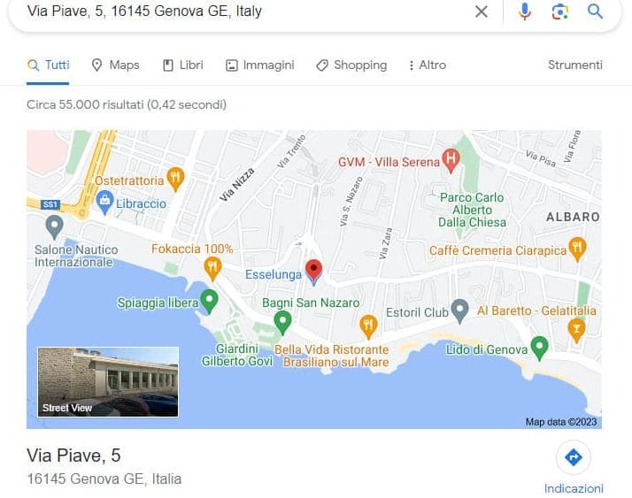 La pagina di ricerca indirizzo da Google