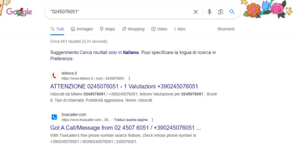 La pagina di ricerca Google con i risultati di un numero