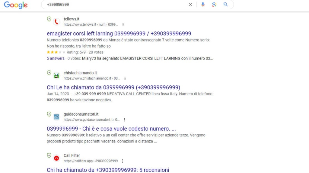 La pagina di ricerca Google per un numero di telefono spam