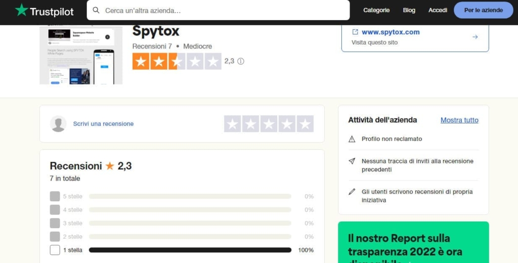 La pagina delle recensioni Spytox su Trustpilot