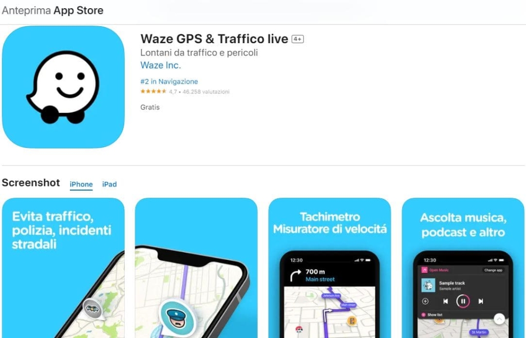 La pagina home di Waze sull’App Store di Apple Italia