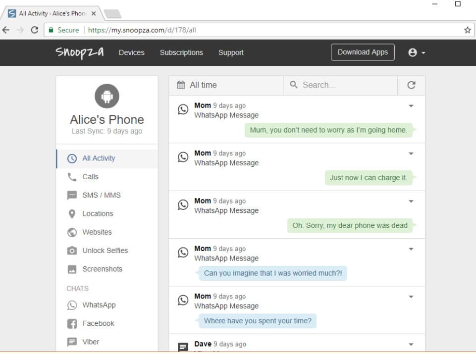 Screenshot del report del keylogger Snoopza con i messaggi in chiaro da un dispositivo Android