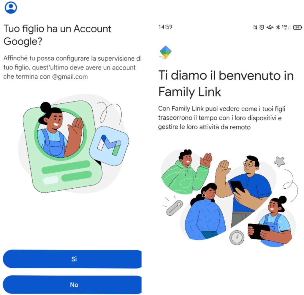 Le pagine per imostare l’app Google Family Link per la famiglia