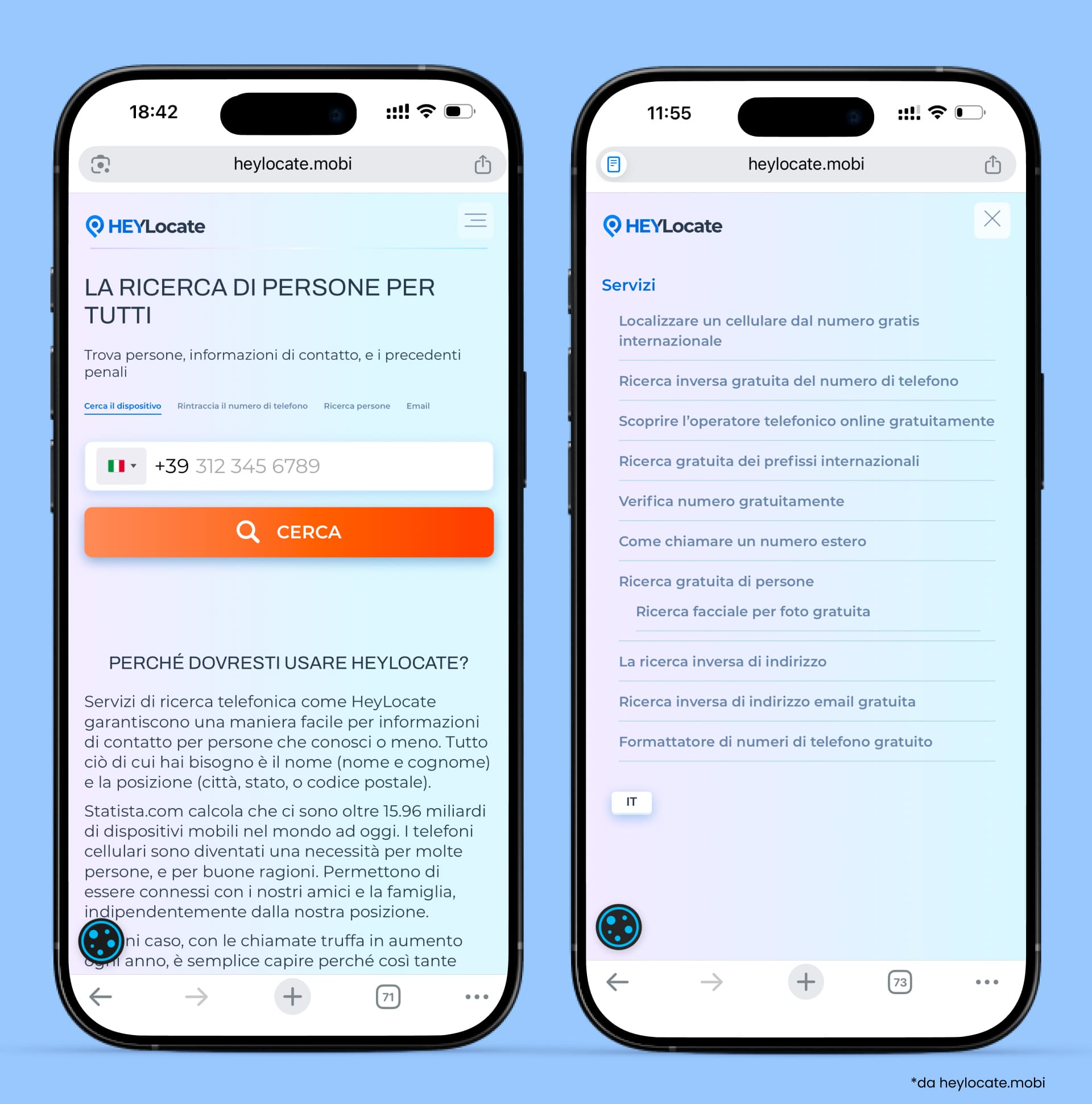 Homepage di HeyLocate con accesso a strumenti gratuiti tra cui ricerca telefono, ricerca inversa del numero di telefono, ricerca operatore, ricerca prefisso internazionale, verifica del numero di telefono, come chiamare all’estero, ricerca persone, ricerca facciale tramite foto, ricerca indirizzo, ricerca inversa e-mail e formattatore di numeri di telefono.