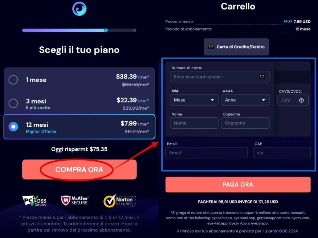 scelta di un piano tariffario e dati per il pagamento con carta di credito