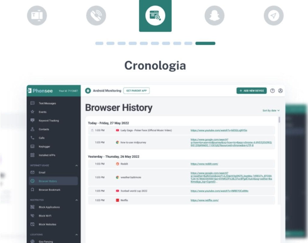 Alcuni dei servizi offerti da Phonsee, come la cronologia browser