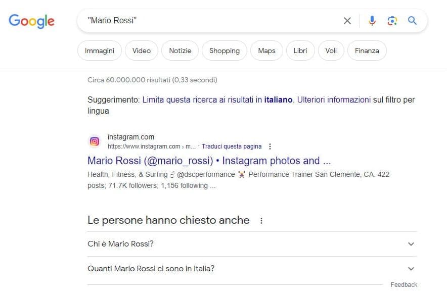 I risultati dei profili social per il nome comune Mario Rossi