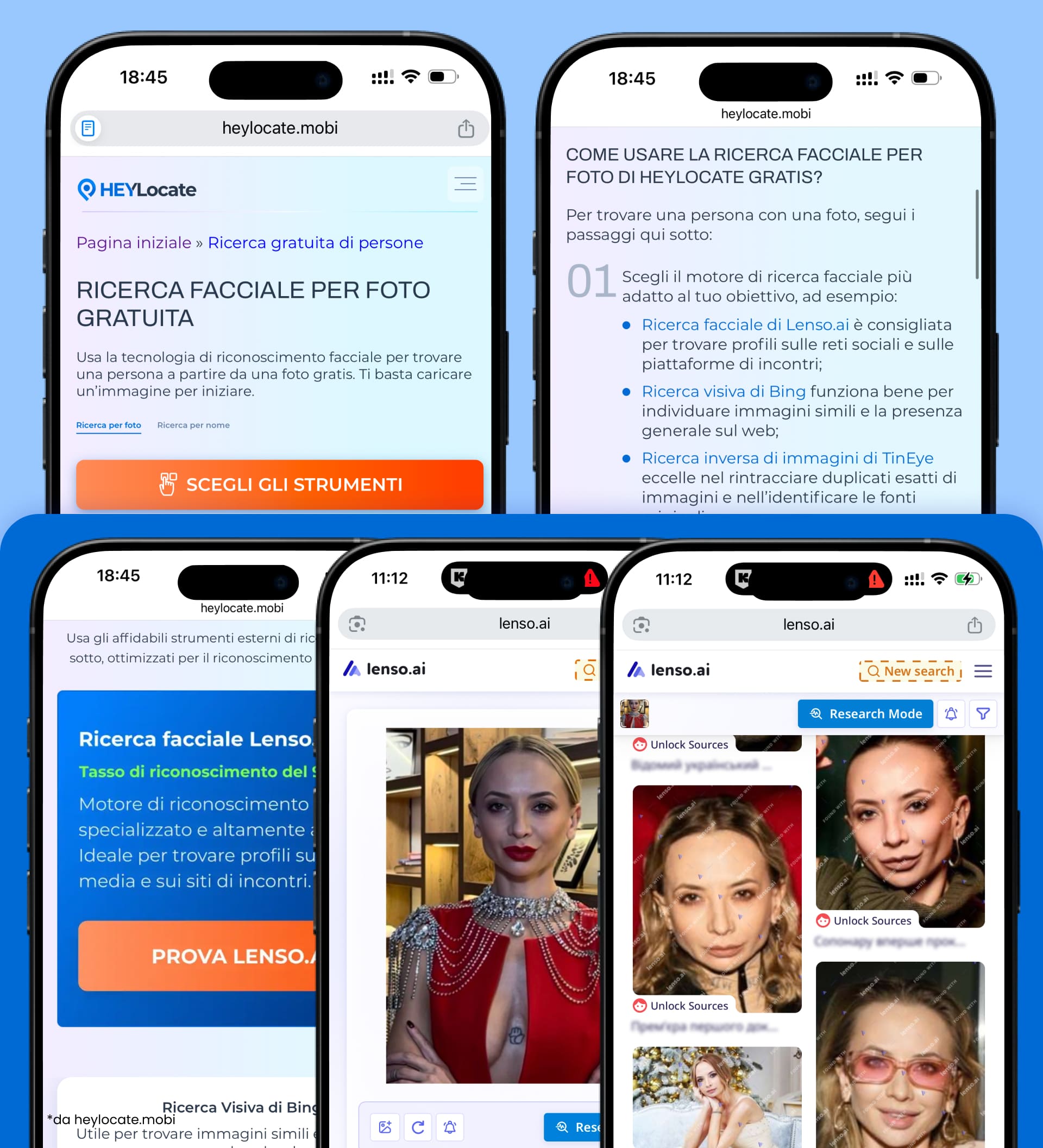 Ricerca facciale tramite foto su HeyLocate che mostra come scegliere uno strumento, caricare una foto e ottenere corrispondenze reali da un servizio esterno di ricerca facciale.