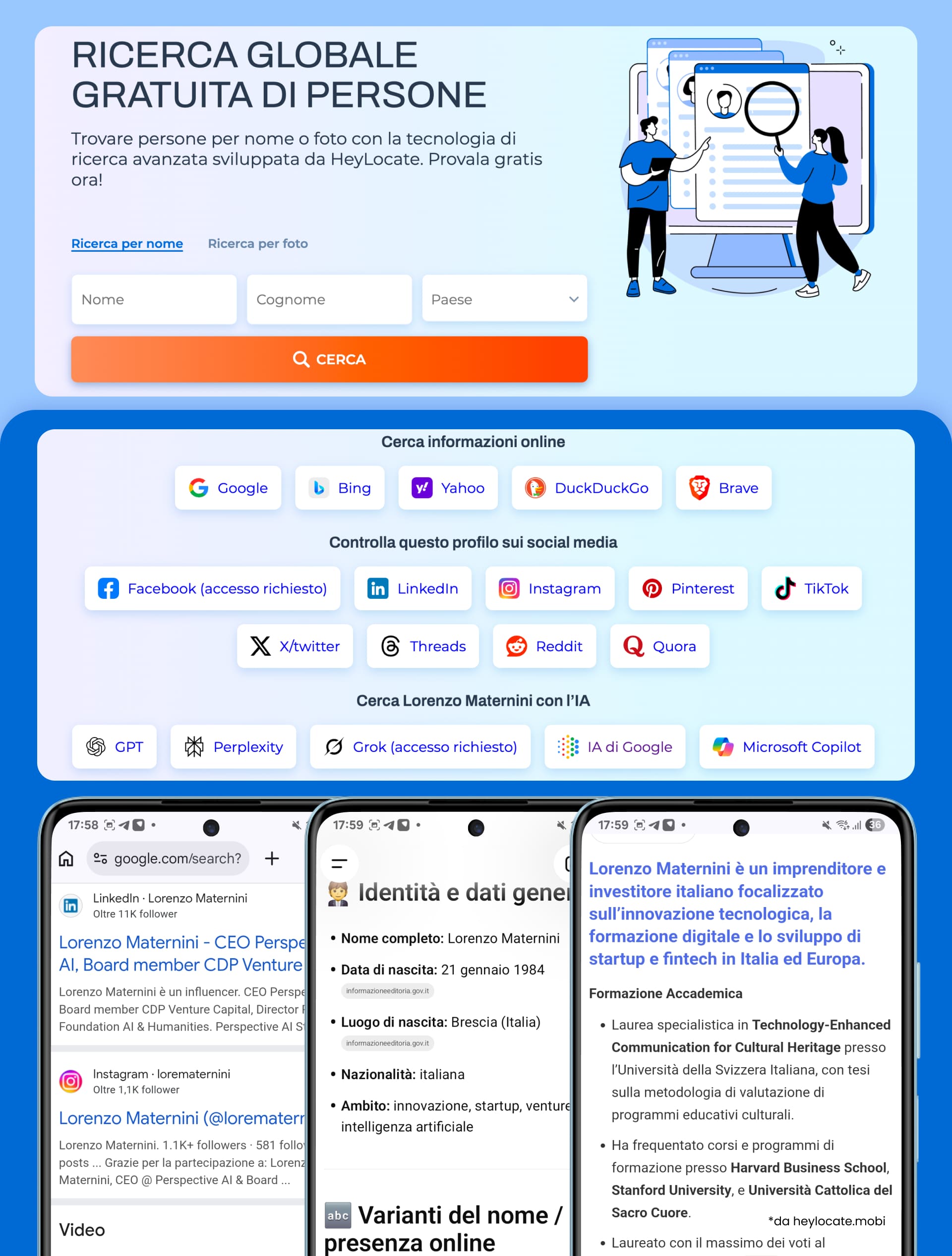 Ricerca globale di persone su HeyLocate con ricerca per nome, risultati con link alla ricerca web, alle piattaforme social e agli strumenti di IA per trovare informazioni di profili pubblici.