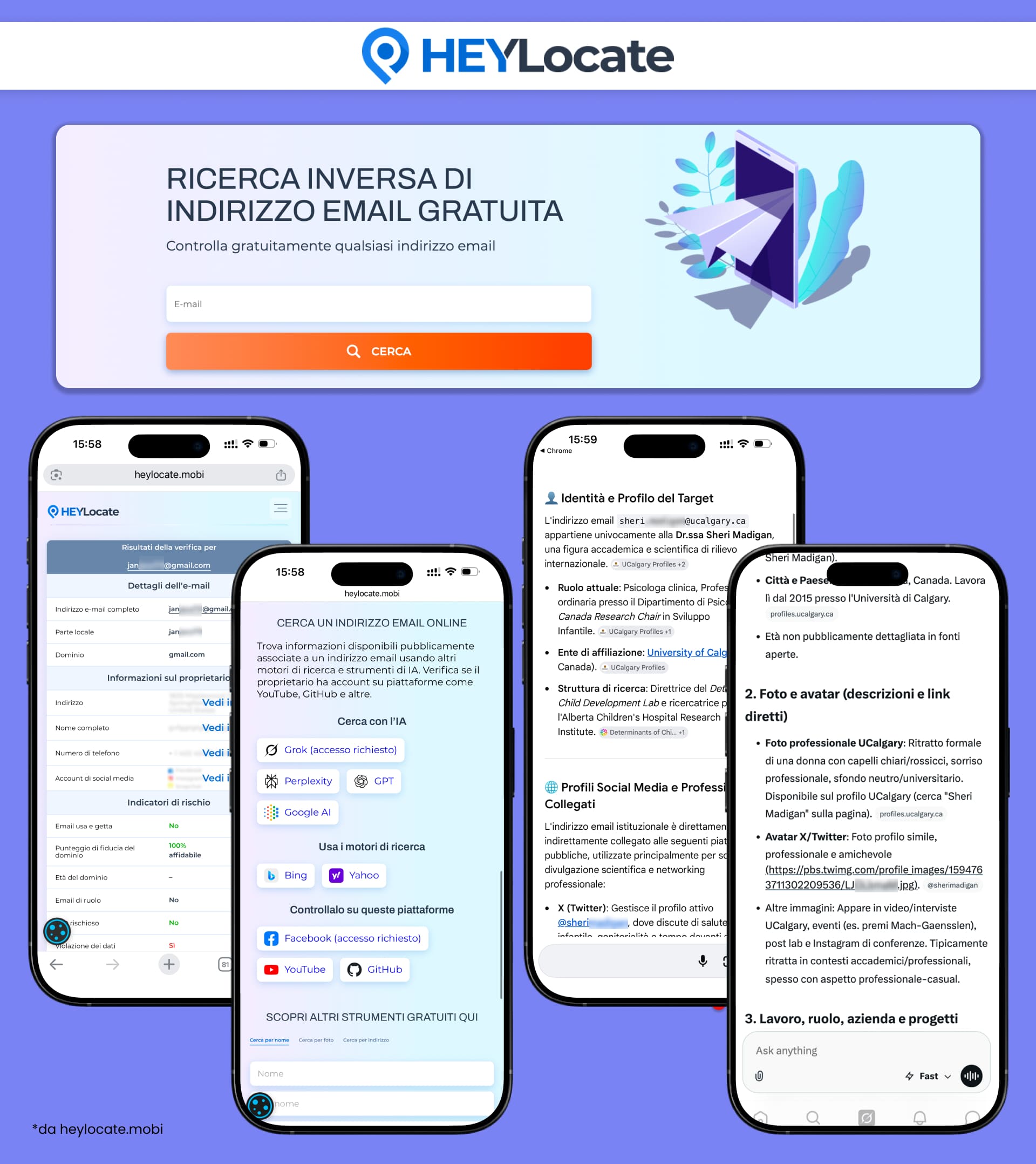 La ricerca inversa email gratuita di HeyLocate verifica un indirizzo email, mostra dettagli di convalida e rischio, e offre opzioni con IA e motori di ricerca per una ricerca OSINT più approfondita.