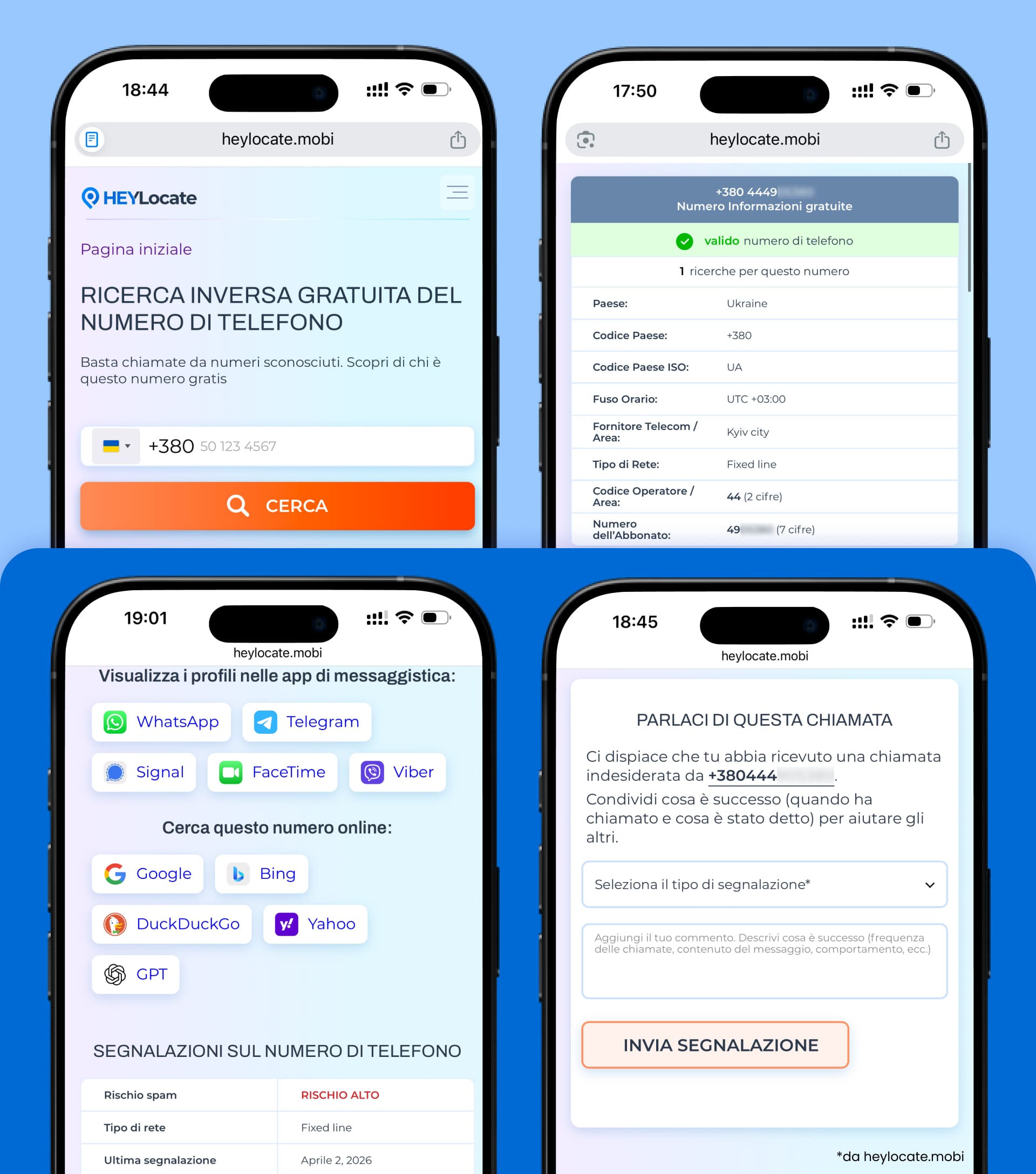 Ricerca inversa del numero su HeyLocate con convalida del numero, dettagli su paese e operatore, link alle app di messaggistica e alla ricerca web, rapporto sul rischio spam e modulo per segnalare chiamate indesiderate.