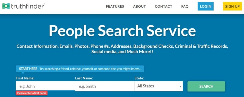 Servizio di ricerca persone TruthFinder menu home page