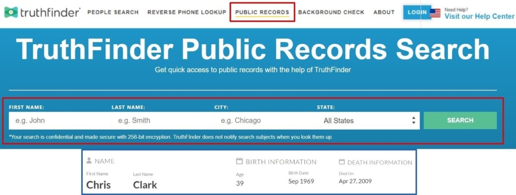 risultati della ricerca di documenti pubblici su Truthfinder
