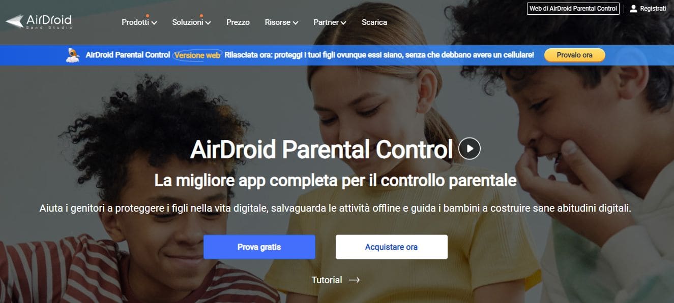 Vista del sito web di AirDroid Parental Control con i pulsanti per provare e acquistare l'applicazione
