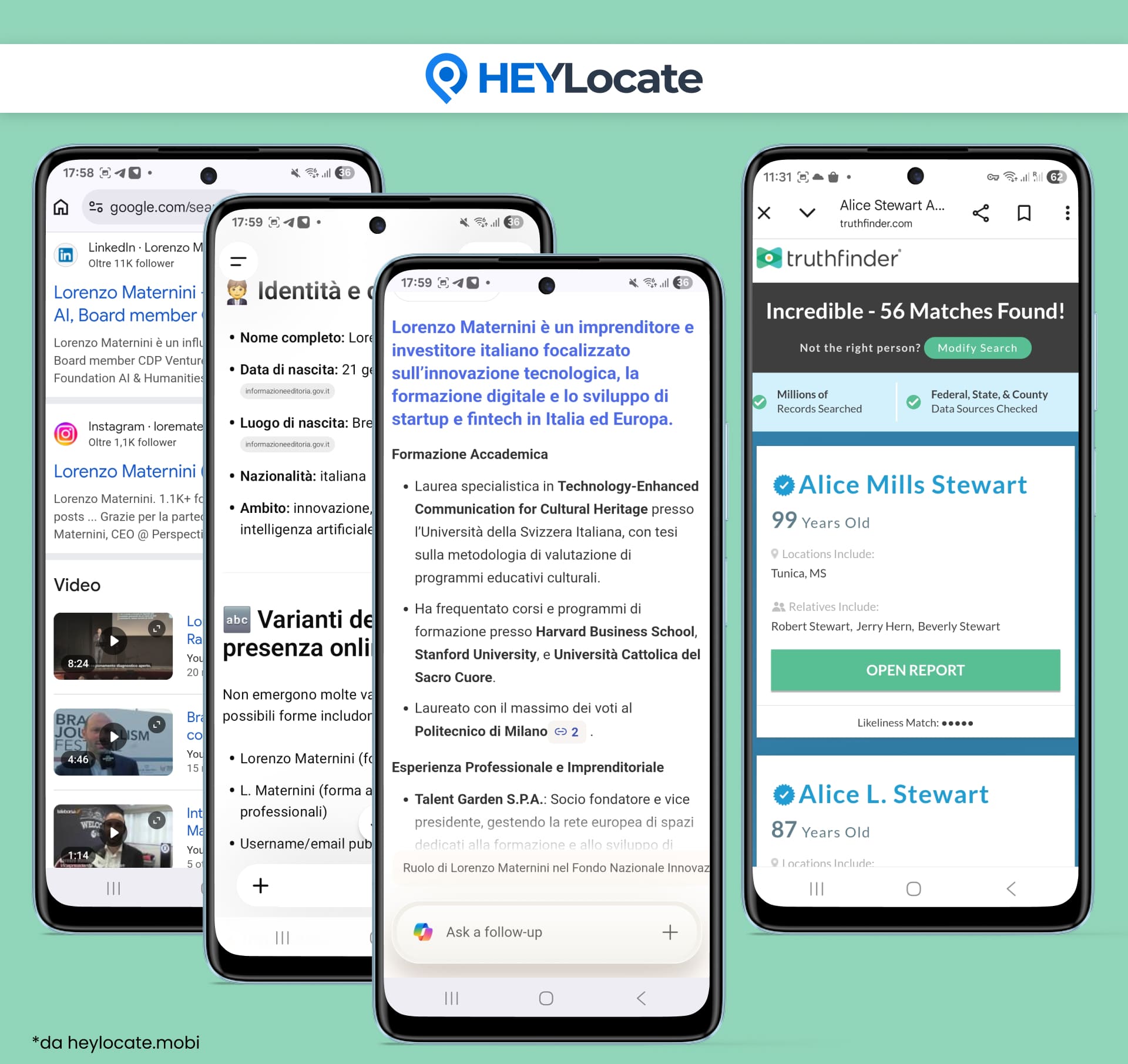 HeyLocate mostra risultati della ricerca persone da più fonti con corrispondenze di profili pubblici, risultati di ricerca, un riepilogo generato dall’IA ed esempi di registri pubblici.