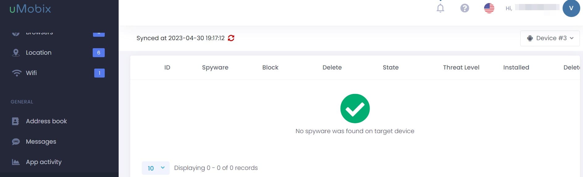 La scheda di monitoraggio Spyware sulla dashboard di uMobix