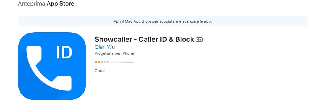 La pagina di download dell’app Showcaller nell’Apple App Store