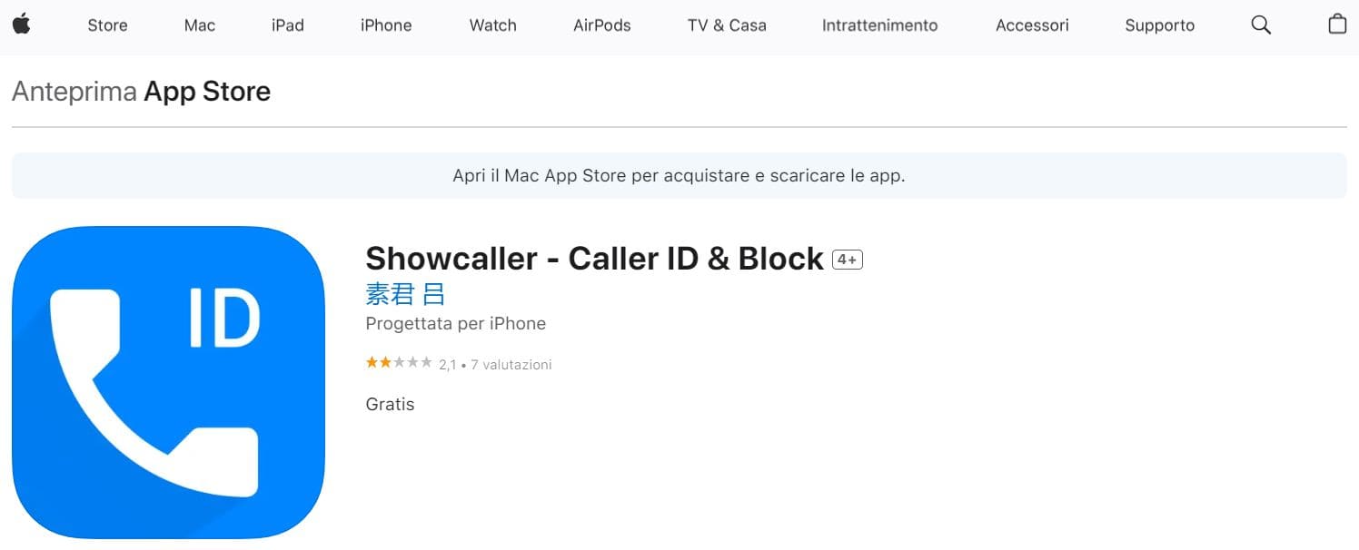 La pagina di download dell’app Showcaller sull’Apple App Store