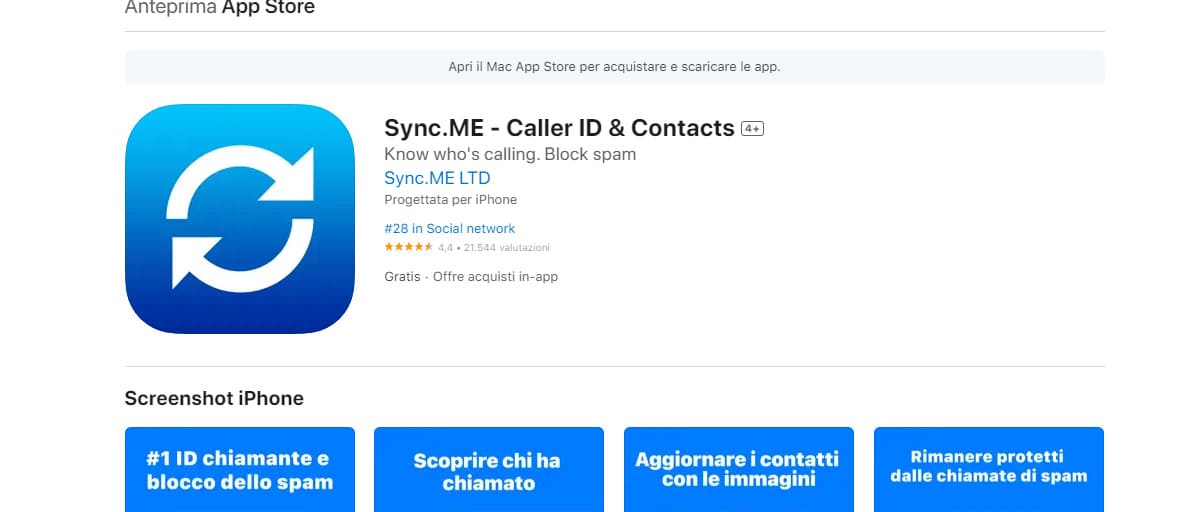 La pagina di download dell’app Sync.Me sull’App Store di Apple