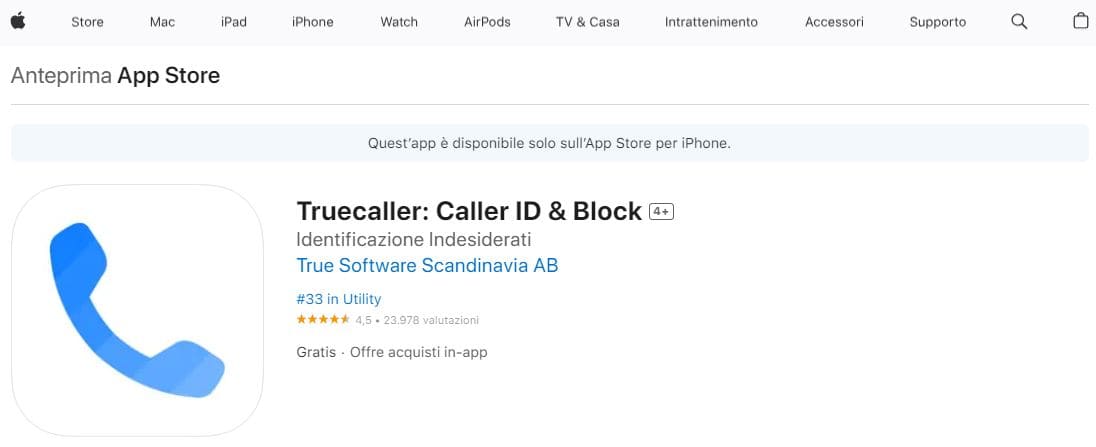 La pagina di download dell’app TrueCaller sull’Apple App Store