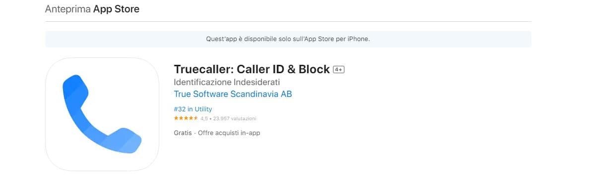 La pagina di download dell’app TrueCaller sull’Apple App Store