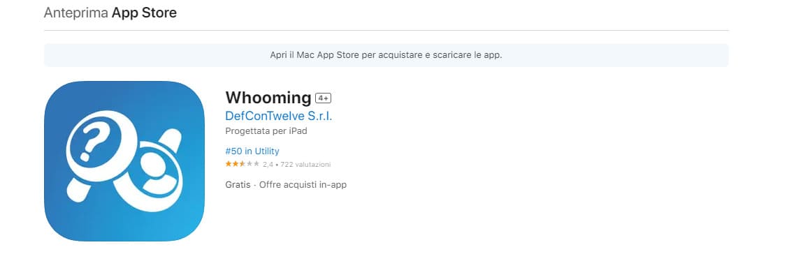 La pagina di download dell’app Whooming sull’Apple App Store