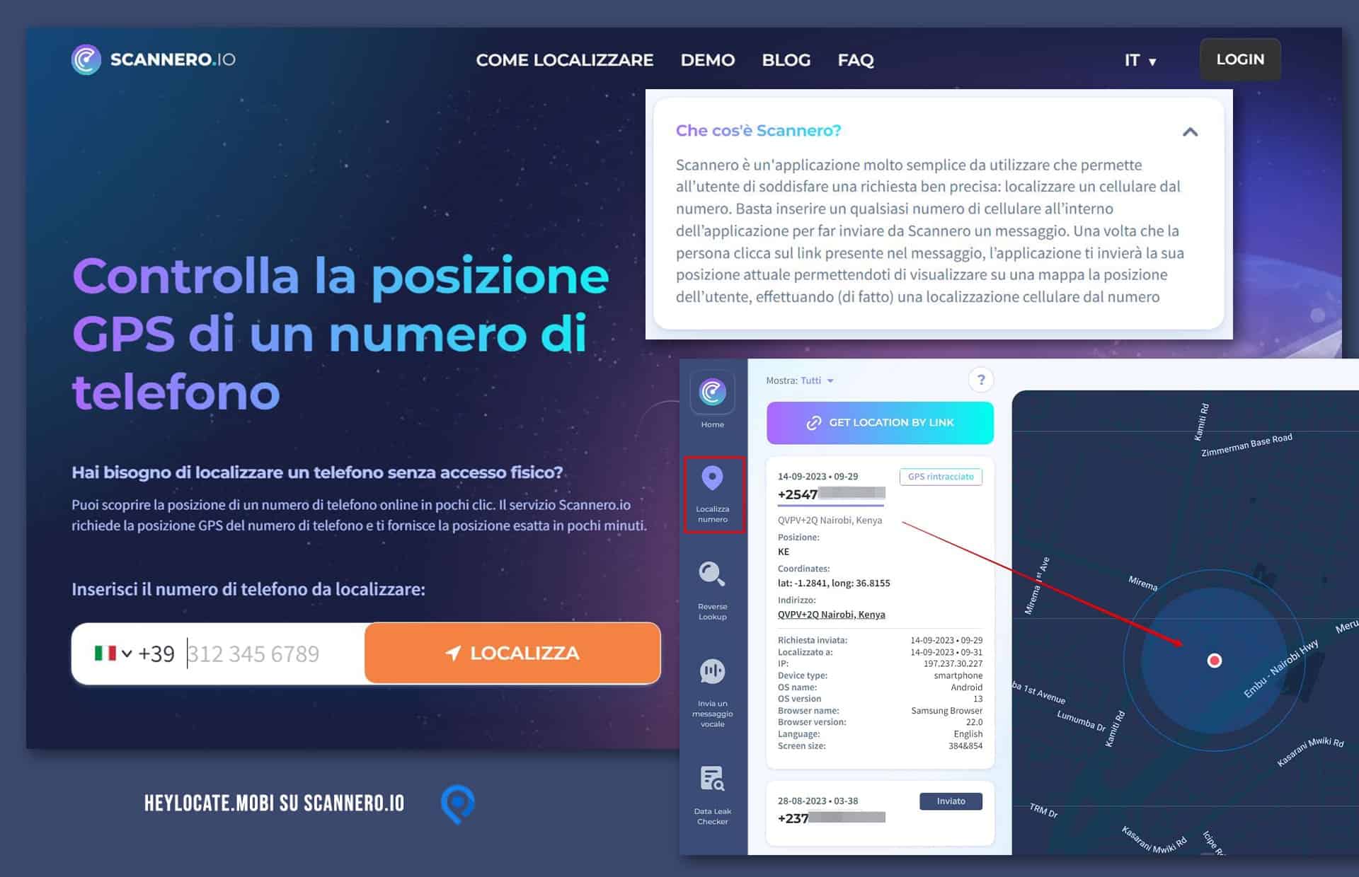 Home page del sito web di scannero io con un esempio di localizzazione di un numero