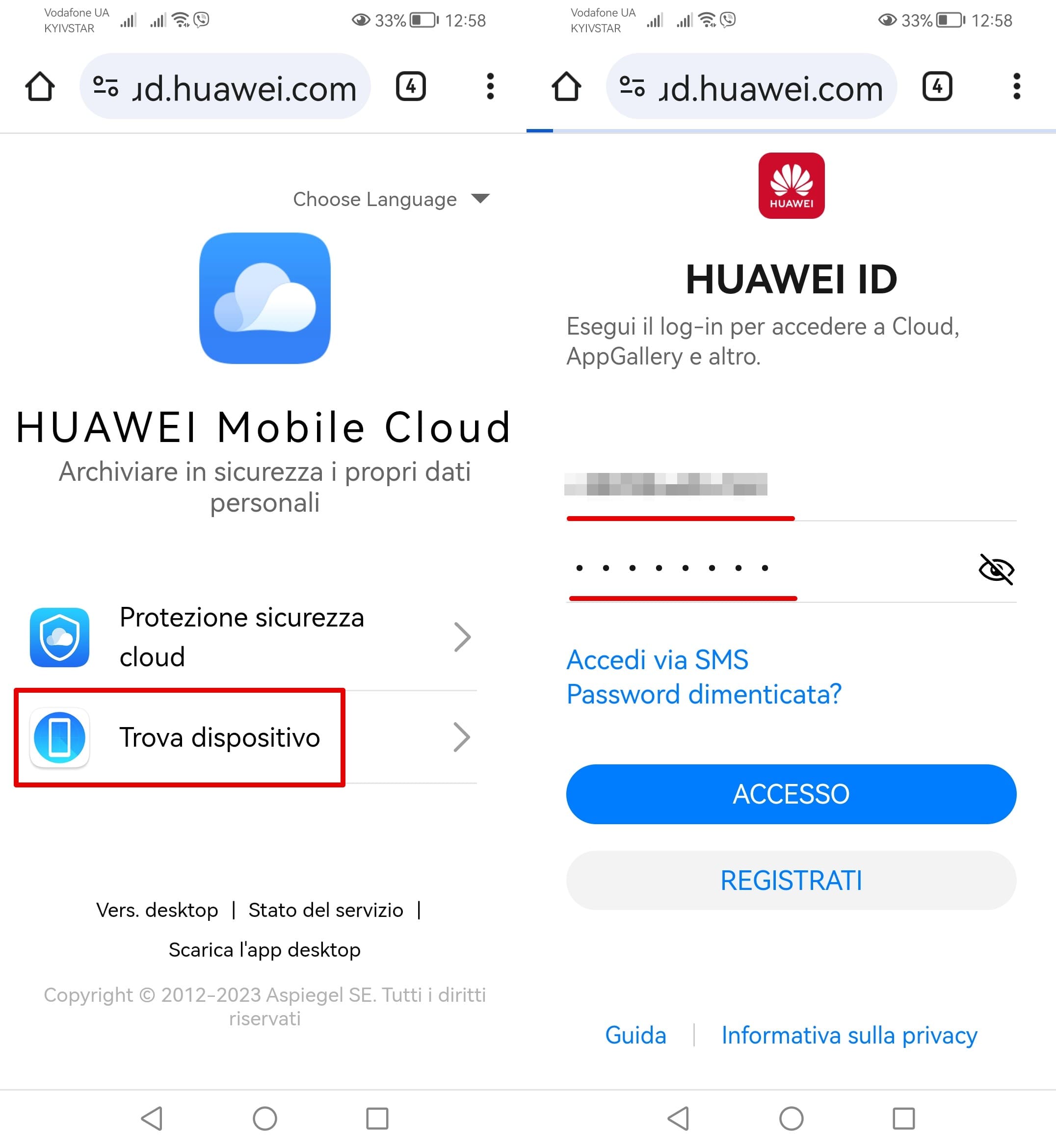 screenshot della pagina del cloud mobile di Huawei e dell'account Huawei con i campi di login e password