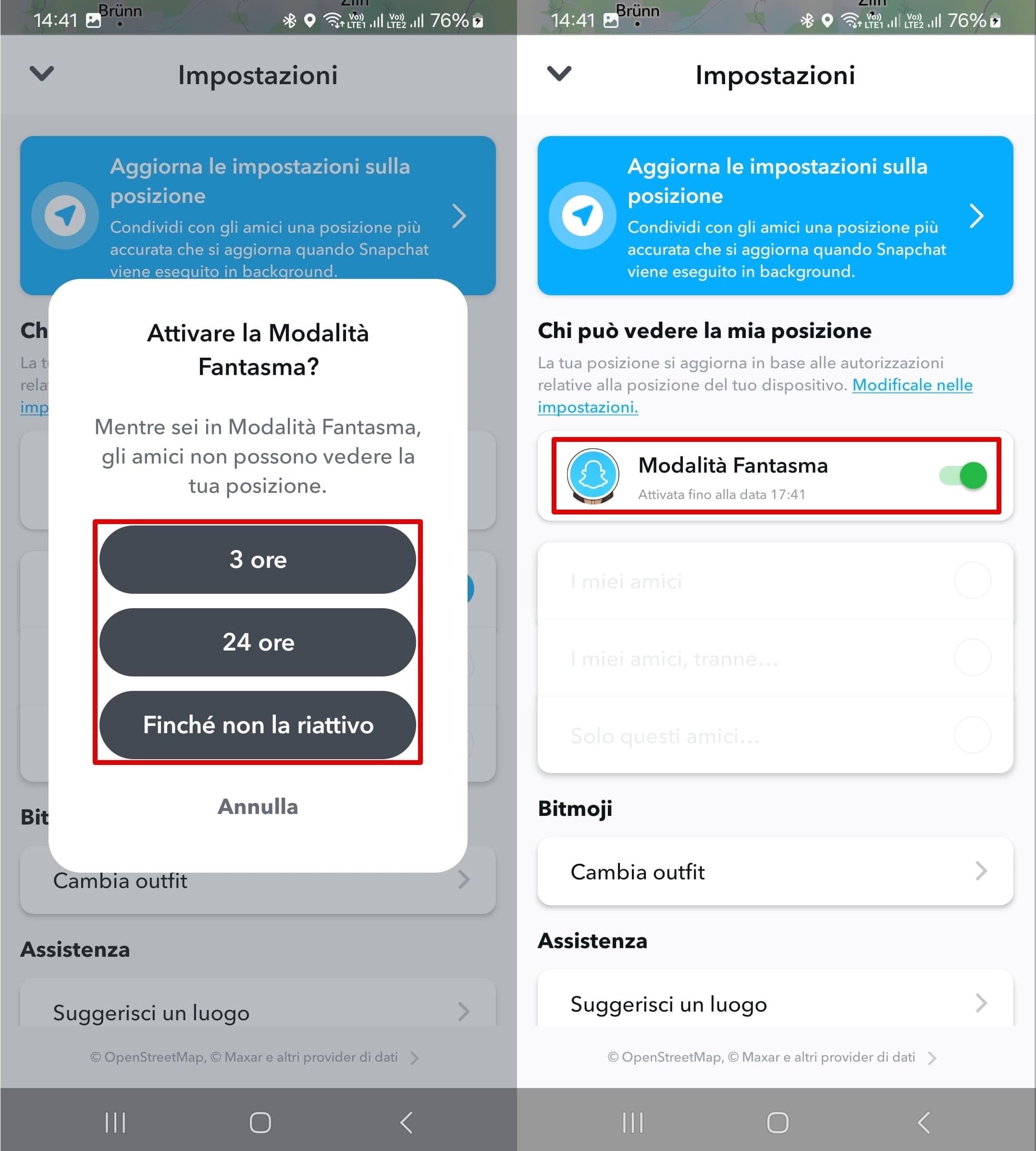 Abilitazione della modalità Ghost e selezione di un'impostazione del timer