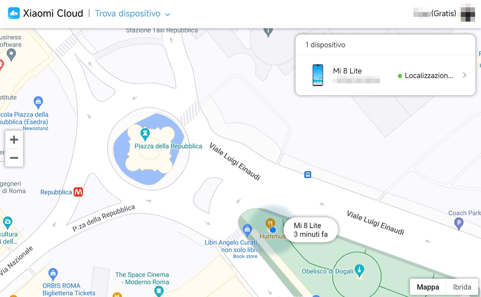 Un'immagine di un telefono localizzato su Google Maps con Mi Find Device