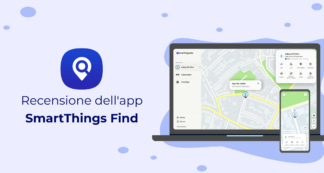 Vista del cellulare e del PC dell'app Smartthings Find per rintracciare il telefono Samsung