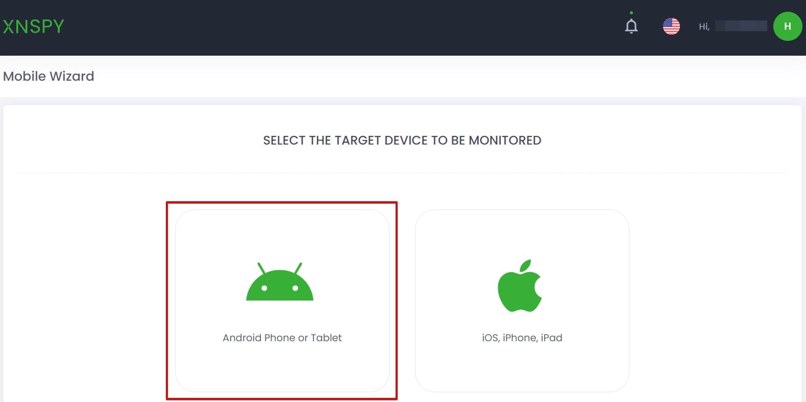 scegliere un dispositivo android in XNSPY