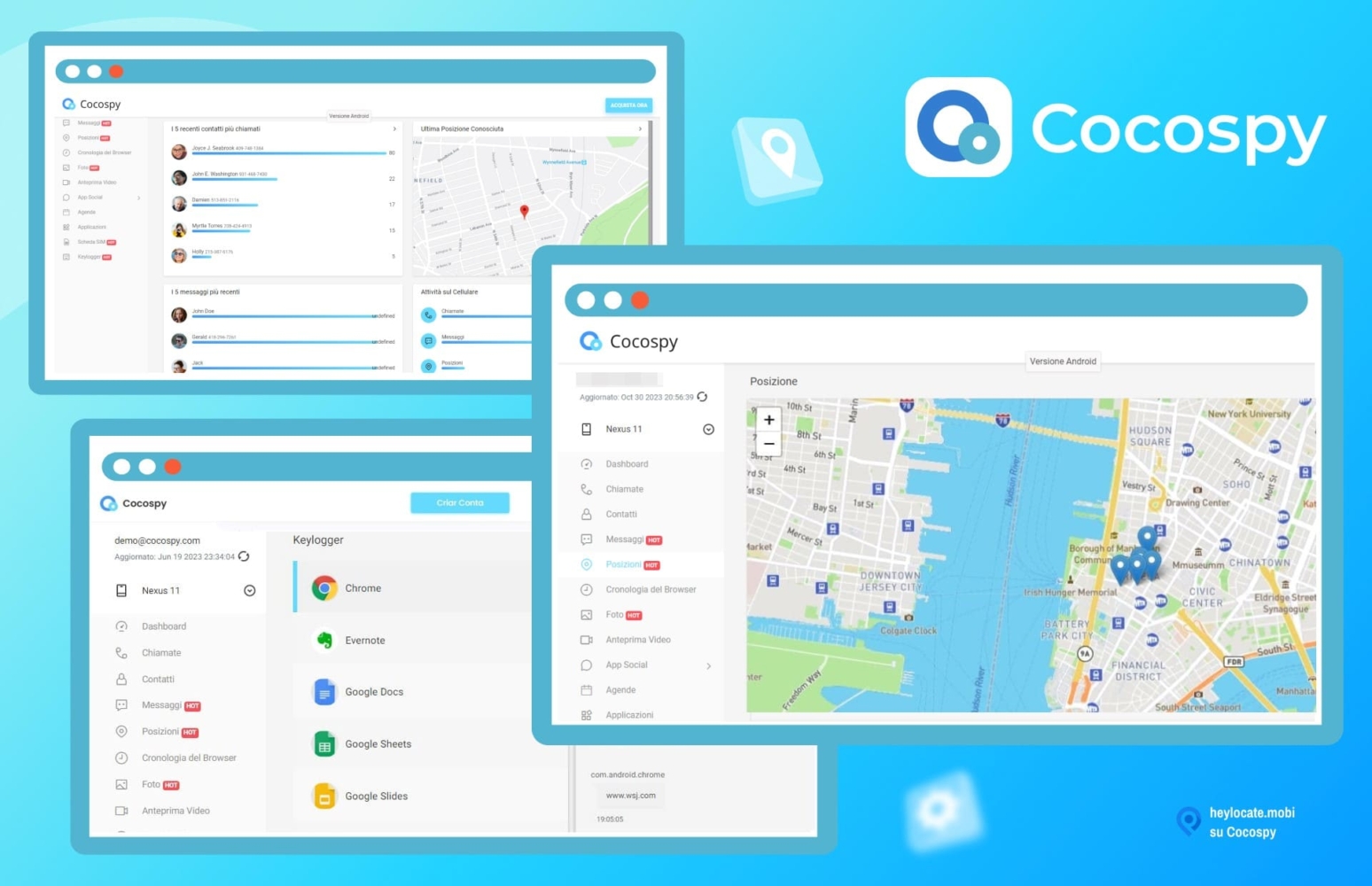 Un collage che mostra varie schermate dell'interfaccia dell'applicazione Cocospy. Le immagini includono diversi pannelli come il cruscotto, il localizzatore con una mappa e le chat WhatsApp più utilizzate.
