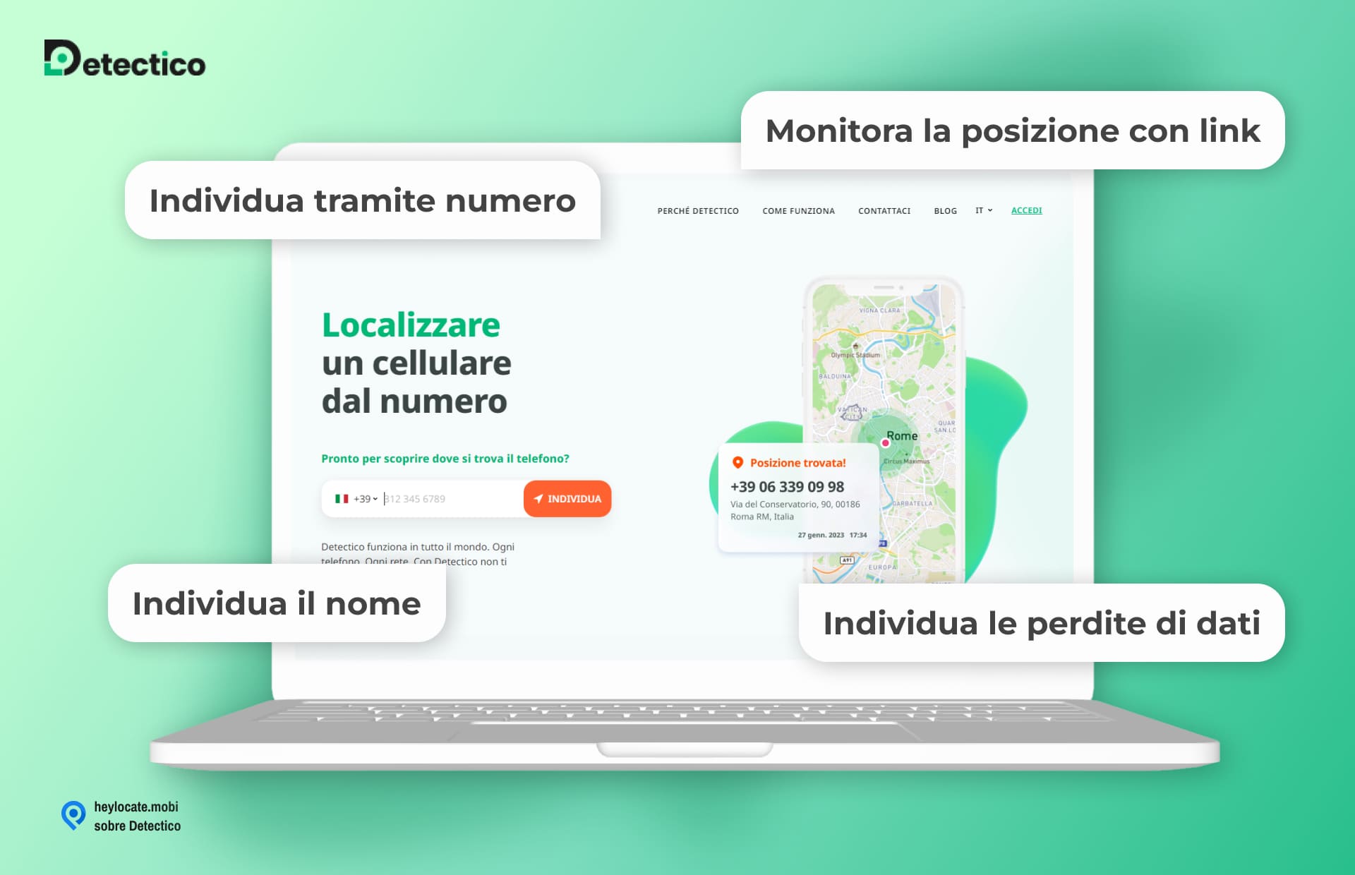 Un layout visivo per i servizi Detectico con l'interfaccia e le funzioni visualizzate sullo schermo di un computer portatile. La sezione di sinistra è intitolata "Track location by link" con lo slogan "Trova la posizione di qualsiasi telefono in base al suo numero" e un campo per inserire un numero di telefono con un pulsante "Detect". Il centro dello schermo mostra una mappa con una notifica pop-up che indica una "Geolocalizzazione trovata!" per un numero di telefono specifico, con i dettagli di un indirizzo. Il logo di Detectico è presente in alto a sinistra, con il sito web "heylocate.mobi" e il testo "about Detectico" in basso.