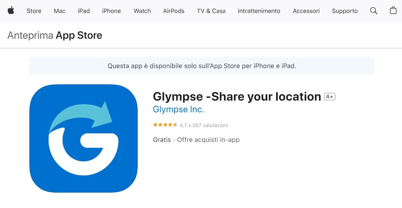 Visualizza la home page di Glympse nell'App Store