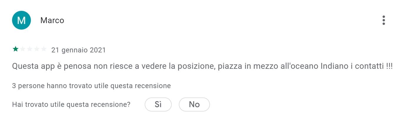 Un'immagine di una recensione negativa di un cliente su Glympse su Google Play
