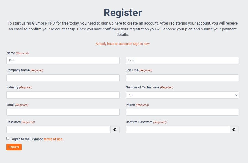 Vista del sito web di Glympse per la registrazione di un account