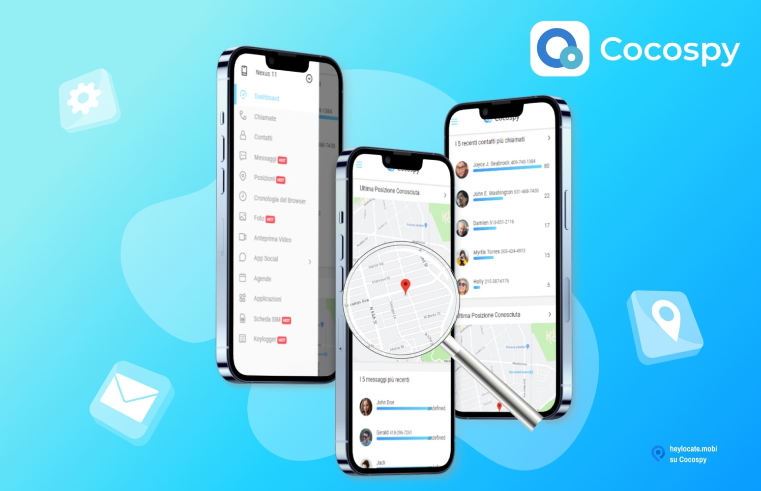 Immagine promozionale di Cocospy che mostra l'interfaccia dell'app su smartphone. L'interfaccia include opzioni come chiamate, messaggi, posizioni e una mappa che mostra la posizione.