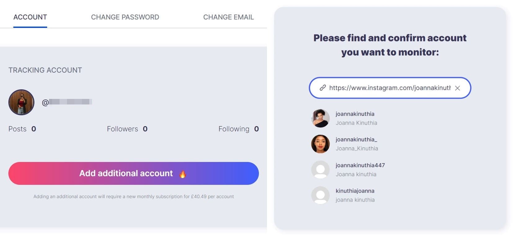 Due schermate dell'aggiunta di un nuovo account Glassagram per tracciare il vostro account Instagram