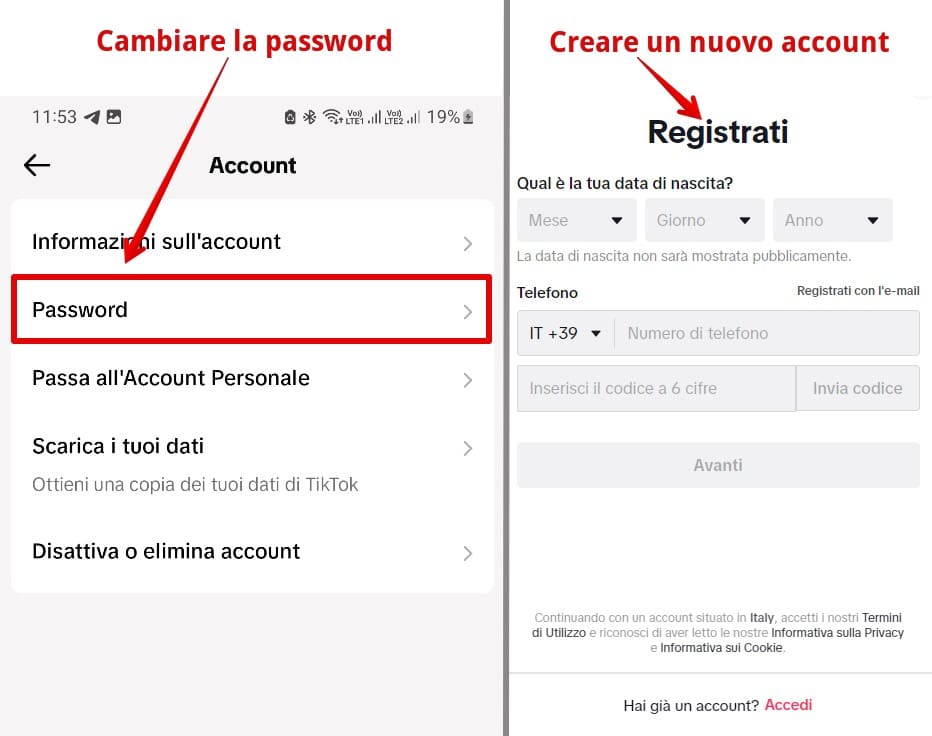 Due schermate con i moduli da compilare per cambiare la password e creare un account su TikTok