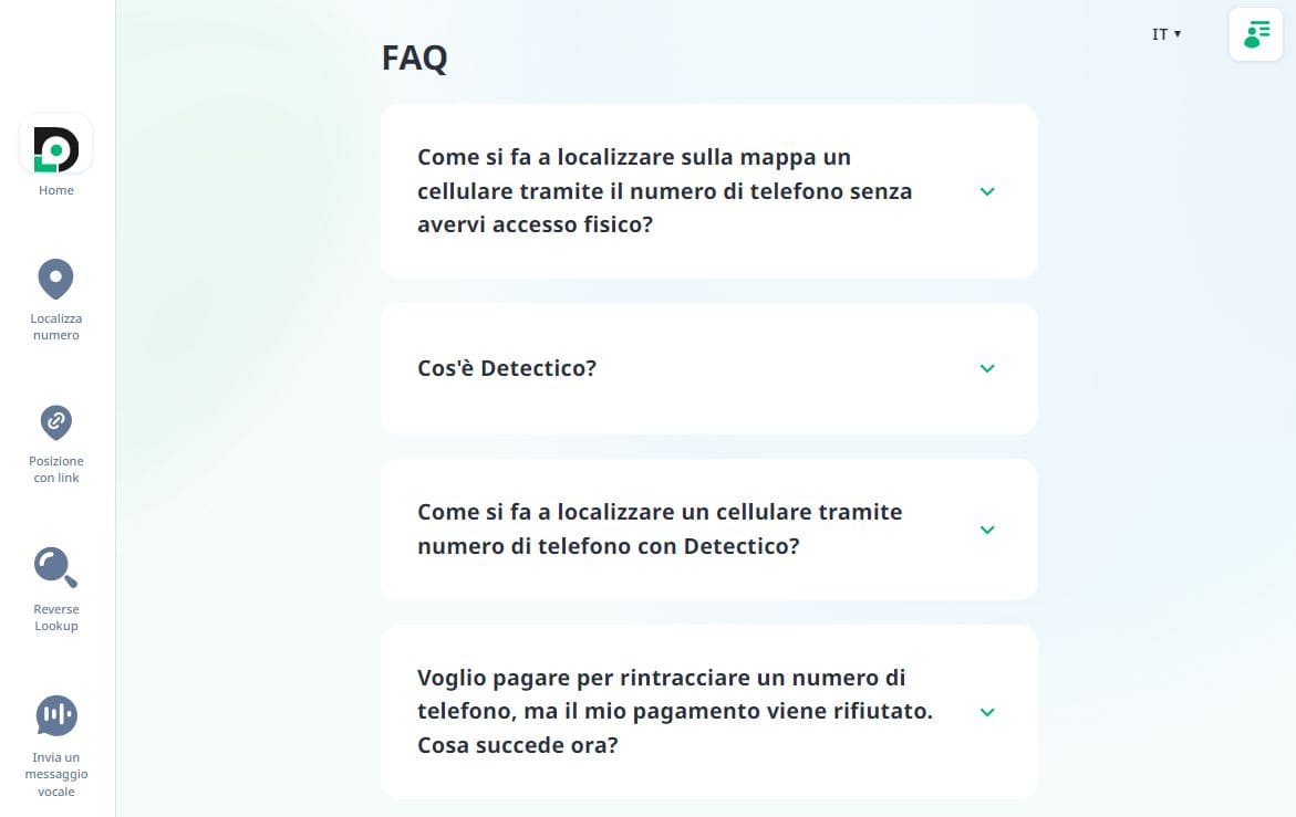 Un'immagine di alcune delle FAQ presenti sulla home page di Detectico