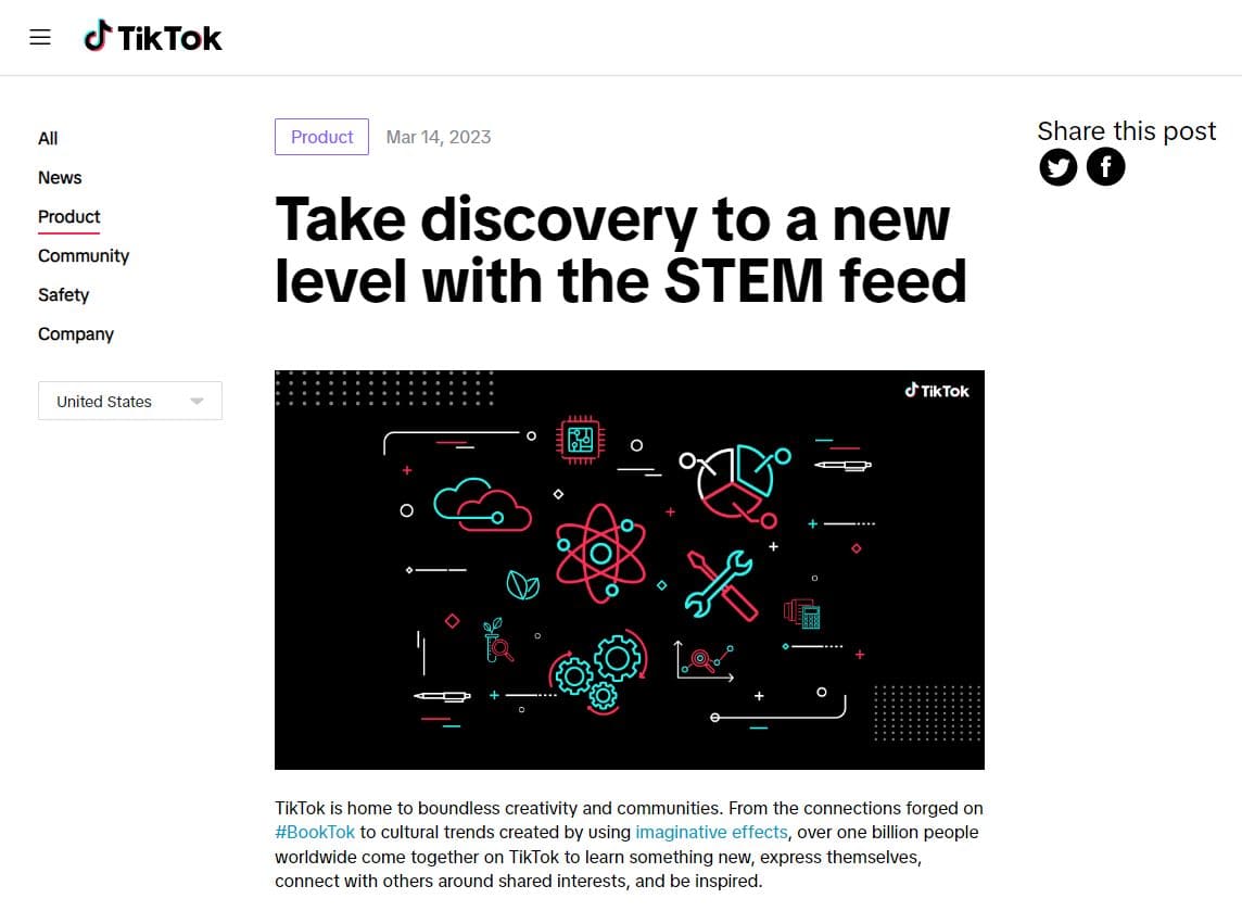 Vista della pagina delle notizie STEM di TikTok