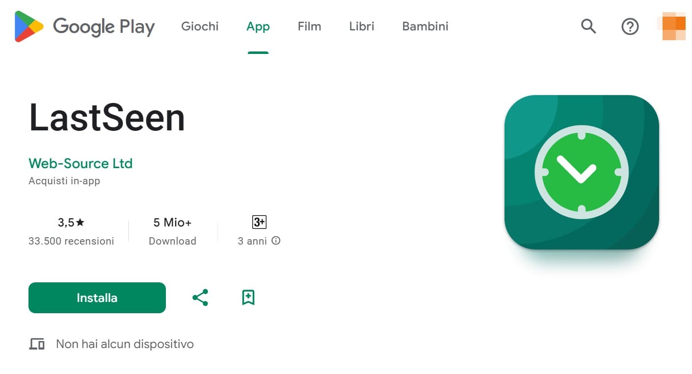 La pagina download di LastSeen su Google Play Store