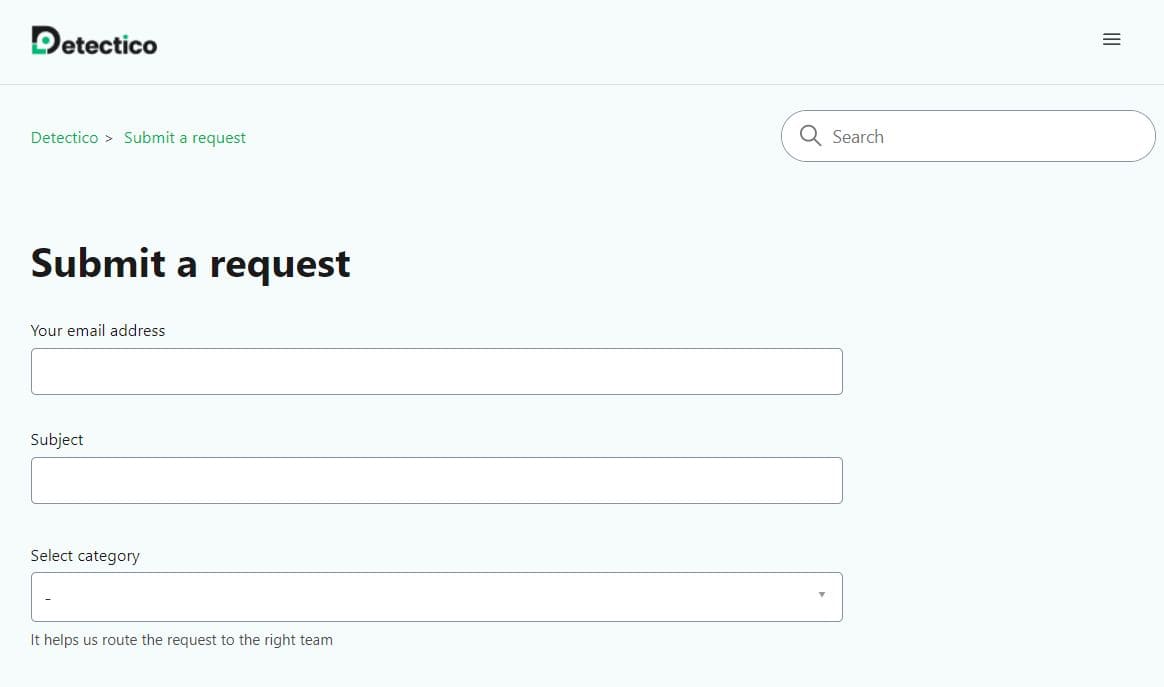 Un'immagine del modulo di richiesta per contattare l'assistenza clienti di Detectico