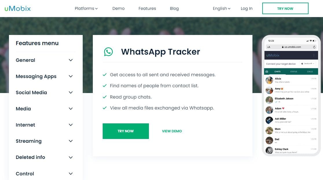 Un'immagine di uMobix WhatsApp tracker sul suo sito web