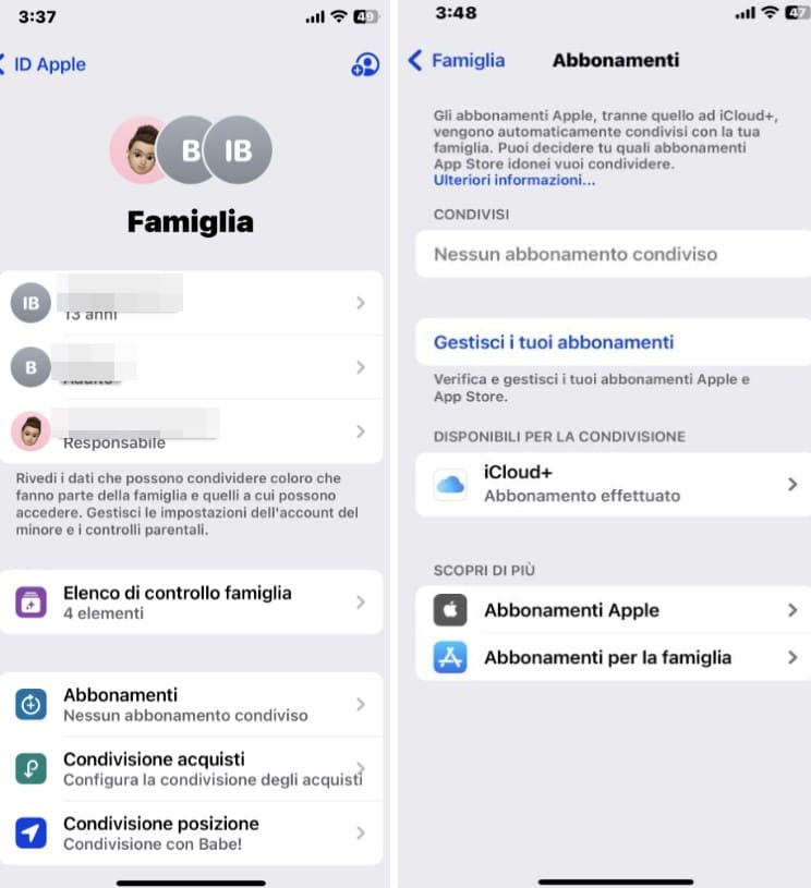 Schermate dell'iPhone con la funzione di abbonamento condiviso su Apple Family Sharing