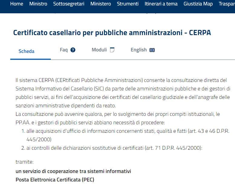 Uno dei siti italiani per sapere come fare una richiesta di certificato casellario